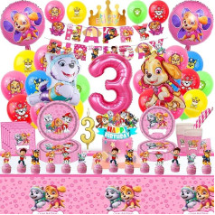 Pack of 114 Birthday Decoration 3 Years, Party Tableware Plates, Birthday Decoration Girls 3 Years Children's Birthday Paper Plates, Tableware Balloon 3 Birthday Cake Decoration 3 Years (Pink Dog 3)