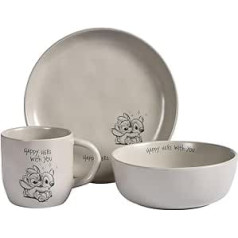 Disney Stitch & Angel 3-Piece Tableware Set - Officially Licensed - Stoneware, Cup, Plate & Bowl (Grey)