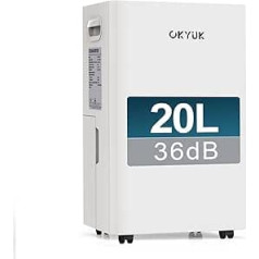 OKYUK Electric Dehumidifier 20 L with Digital Humidity Display, 36 dB Quiet 40 m², with Automatic Shut-Off, for Motorhome, Bathroom, Basement, 1 Year Exchange (20 L White)
