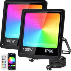 RGB LED Spotlight 100 W, Pack of 2 RGB Spotlight with 360° Remote Control and Bluetooth App, RGB Spotlight Outdoor IP66 Waterproof RGB Floodlight Smart Party Light for Stage Celebrations