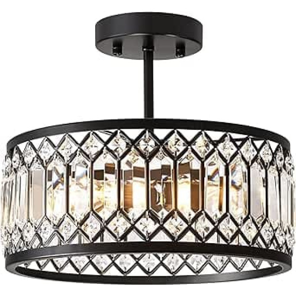 Crystal Black Ceiling Light, Modern Semi Flush Mount Ceiling Lighting Fixture, Round Hallway Lighting Fixtures Chandelier for Kitchen Entryway Bedroom Dining Room, 3-Light, 12.2 In