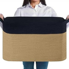 Foldable Laundry Basket, 63 L Large Laundry Baskets, Cotton Laundry Baskets, Braided Storage Basket with Handle for Blankets, Clothes, Cuddly Toy, Toy, Black & Brown