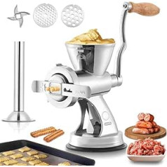 Hanchen Manual Meat Mincer with Biscuit Attachment and Sausage Filler Complete Stainless Steel Includes 5 mm and 8 mm Perforated Discs Size 8 with Suction Cup