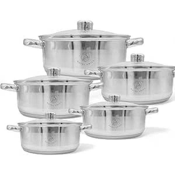 Royal Swiss® 10-teiliges Edelstahl Kochgeschirr-Set – 5-lagiger Boden – Töpfe & Pfannen mit Glasdeckeln – Induktionsgeeignet, Spülmaschinenfest, Universell für alle Herdarten (10)