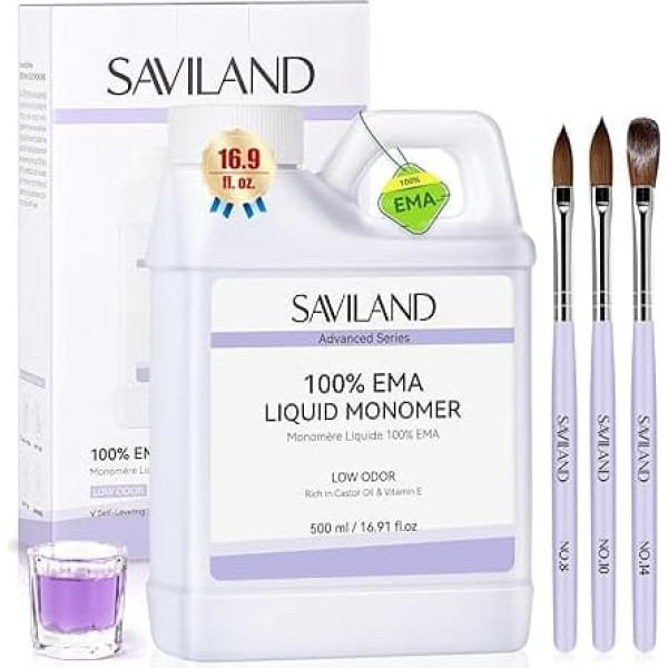 SAVILAND Advanced Monomer Nail Acrylic Liquid Kit: 500 ml EMA Acrylic Liquid Low Odour Nail Monomer Liquid with 3 Acrylic Nail Brushes Dappen Dish for French Nail Extension Carving DIY Home