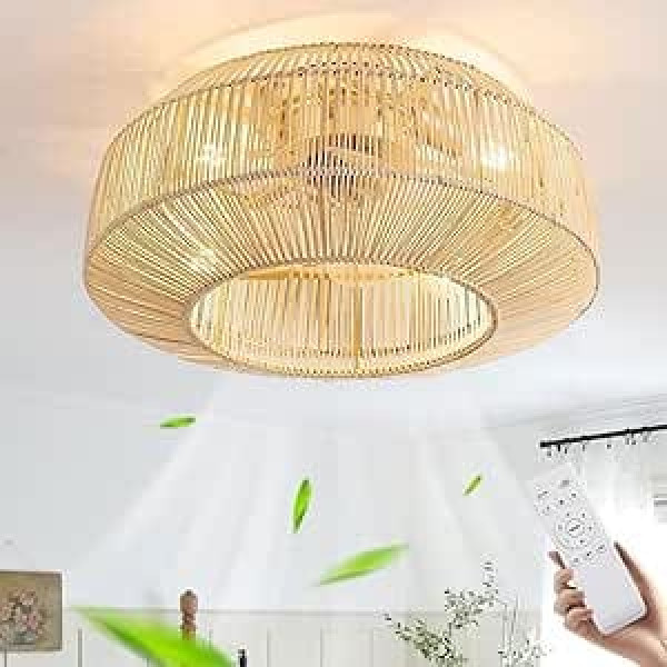 Ceiling Fan with Lighting E27 Vintage Rattan Bamboo Ceiling Fan with Remote Control Quiet Ceiling Lamp with Fan 6 Wind Speeds Lamp with Fan for Living Room Dining Room