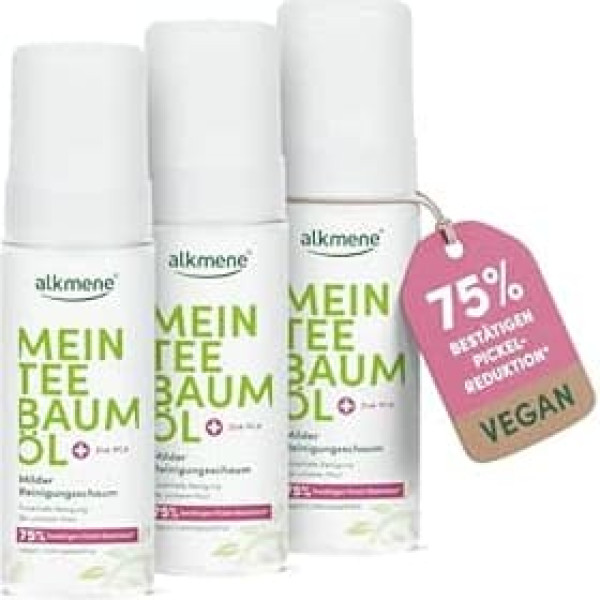 alkmene My Tea Tree Oil Cleansing Foam Face 3 x 150 ml - Pimple Reduction 75% Confirmed - Natural Tea Tree Oil, Vegan & Climate Neutral - Wash Foam for Blemished Skin - Facial Cleansing Foam