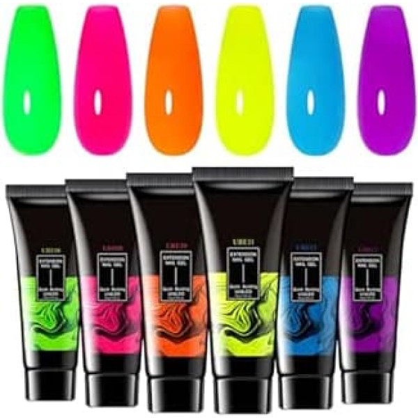 Gel Nail Colours, Glow in the Dark, 6 Colour Glitter Set, Long Lasting Shine, Quick Drying Formula, Easy Extension Glue, Professional, Manicure for Home, Salon, Parties