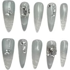 Handgefertigte Kunstnägel EA3AsLange Spitzen Kunstnägel mit Hellblau Katzenauge, Halbtransparentes Eisblock-Effekt, Große Quadratische Strasssteindekoration, Wiederverwendbar, 10 Stück