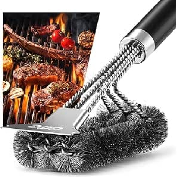 Grill Cleaning Brush with Extra Long Stainless Steel Bristles, PP Thermal Insulation Handle and Stainless Steel Spatula, Grill Accessories, for Gas Grill, Charcoal Grill, Electric Grill and Grill