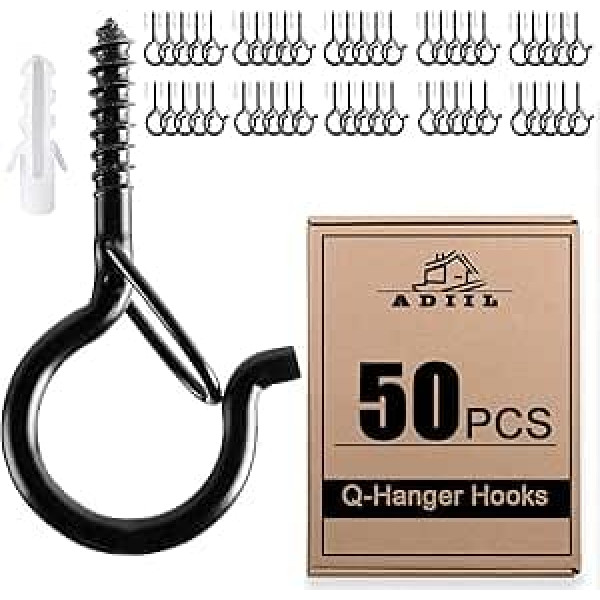 ADIIL Q Coat Hooks with Safety Buckle, Windproof Screw Hooks for Hanging String Lights Outdoor Plants Christmas Patio Lights 2.2 Inch Black Pack of 50
