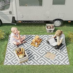 Outsunny Outdoor Rug Reversible Mat Plastic Straw Carpet Portable RV Camping Mat for Garden Deck Picnic Indoor 152 x 243 cm (5 x 8 ft), Light Grey & White