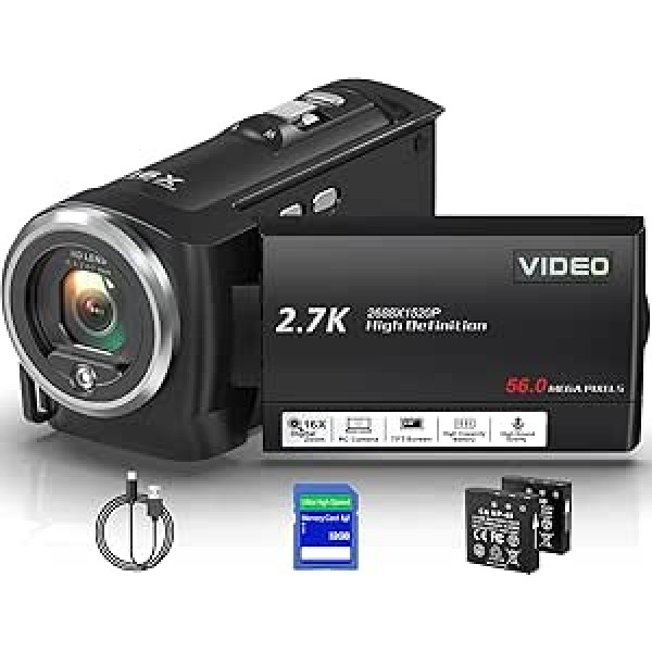 Video Camera 2.7K 56MP Camcorder 16X Digital Zoom Vlogging Camera with LED Fill Light for YouTube, 2.8 Inch LCD Screen Camcorder with 32GB SD Card, 2 Batteries