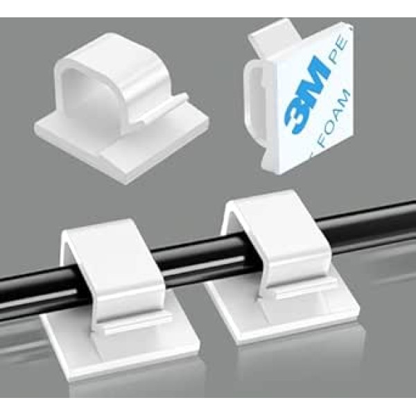Pack of 100 Self-Adhesive Cable Holders, Easy Removable and Durable Cable Clips for Desk, Cable Clips for Cable Management, Suitable for Charging Cable, Data Cable, HDMI Cable, White