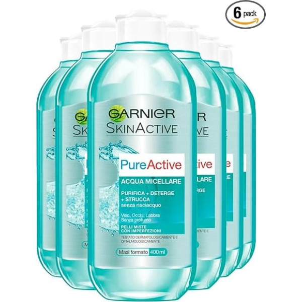 Garnier 3-in-1 Micellar Water for Make-Up & Removal of Make-Up, Face & Eyes Cleansing for Oily Blemish-Prone Skin, Skin Clear, Pack of 6 - 6 x 400 ml