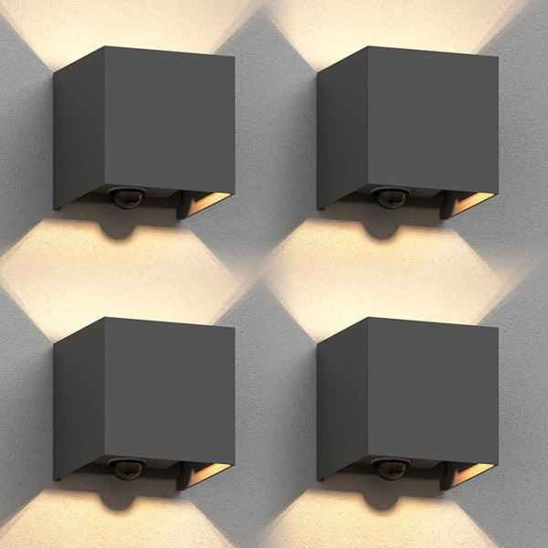 ledscom.de Cubel Wall Light for Outdoor Use, IP65, Up/Downlight, Motion Sensor, Anthracite Matt, Square, 1x G9 Max. 10 W, Pack of 4