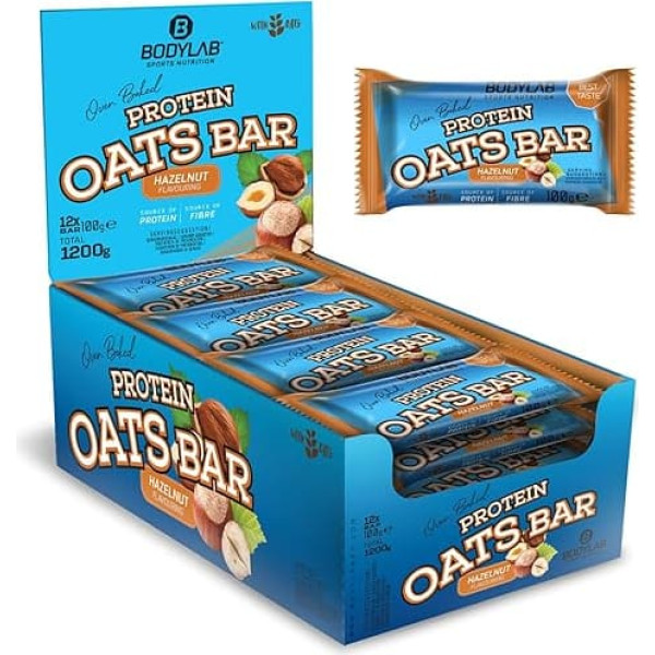 Bodylab24 Protein Oats Bar Hazelnut 12 x 100 g, Energy Bar with 50 g Carbohydrates and 15 g Protein per Bar, Top Combination of Energy and Protein, Ideal Before or After Training