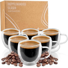 Exitoso Double-walled latte macchiato glasses, 80 ml, set of 6, double-walled coffee glasses, borosilicate glass, coffee cups, cappuccino glasses with handle