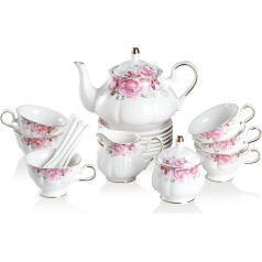 Sweejar Home 21 Pieces Porcelain Tea Set, Vintage Floral Pattern Tea Set Adult Tea Set with Teapot, Sugar Bowl, Milk Jug and Spoons for Tea/Coffee, Suitable for Party (Flower)