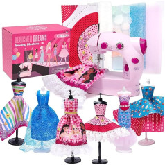 Caydo Mini Sewing Machine for Children, 48 Pieces Fashion Design Craft Girls Sewing Kit Set with Small Electric Sewing Machine, 2 Mannequins for Fashion Design Girls
