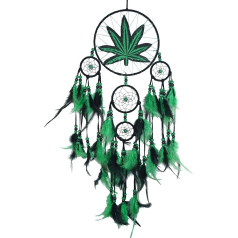 Bohemian Leaf Embroidered Dream Catcher with Green & Black Feathers - Handmade Fabric Wall Hanging for Bedroom Decor, Christmas, Halloween, Easter Gifts for Women & Men