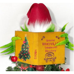 Griinch Christmas Tree Topper, Griinch Christmas Tree Decorations, Funny Christmas Elf Hides Behind Book, Whoville Farmhouse Christmas Party Decorations, Griinch Plush Ornaments for Table
