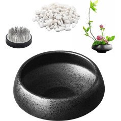 WANDIC Blumenarrangement Supplies Set mit 3 runden Blumenfrosch & Keramik Ikebana-Vasen & polierte Steine für Ikebana-Blumenarrangement-Kunst, Heimdekoration, Schalenform, schwarz gepunktet (L)