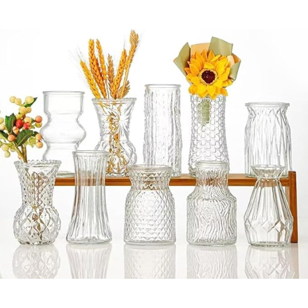Small Glass Vases Set, Clear Vases for Centrepieces, Vases for Table Decoration, Vintage Embossing in Bulk Crystal, Textured Pretty, Wedding Mini Flower Vase for Rustic Home Table, Party (10)