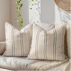 Farmhouse Textured Beige Cushion Covers with White and Black Stripes for Sofa Living Room 20x20 Inch Set of 2 (Cover Only)