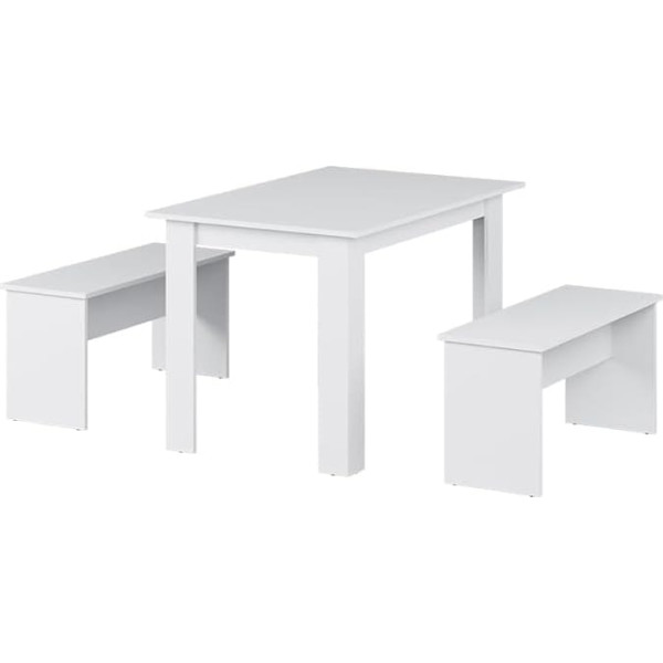 Vicco Sentio Dining Table Set, White, 112 x 73.6 cm with 2 Benches, Suitable as a Dining Set for Small Rooms and Kitchens
