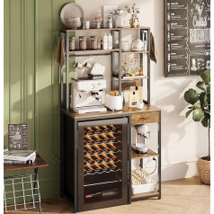 6 Tier Mini Fridge Stand with Socket and Drawer, Freestanding Baker's Rack with Storage, Microwave Storage Rack for Kitchen, Coffee Bar, Organizer with Hooks (Rustic