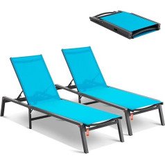 VEVOR Folding Sun Lounger, 182 x 60 x 88 cm, Aluminium Deck Chairs with 5 Adjustable Positions, Beach Lounger, Deck Chairs, Garden Lounger, Recliner for Patio, Beach, Pool, Brown, Pack of 2, Blue