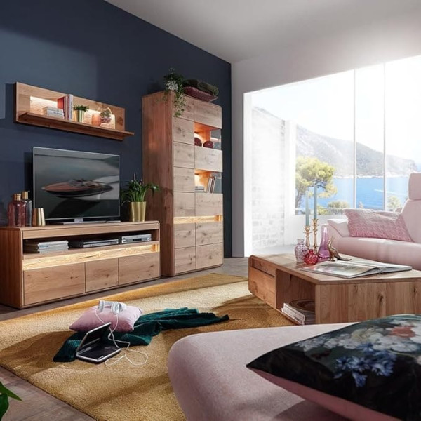 Living Room Furniture Set Solid Oak Oiled with Coffee Table, Wall Board, Lowboard, Display Cabinet and LED Lighting, 4-Piece - Real Wood/Solid Wood, Soft Close, Handle-Free