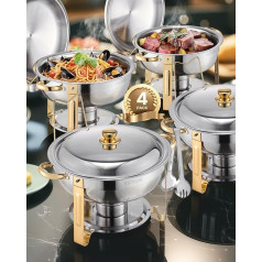 VEVOR Chafing Dish Buffet Food Warmer with 4 Full Size Containers (4.7L Per ) Round Catering Heat Dispenser with Lid & Water Pan & Folding Stand for Weddings Parties Golden