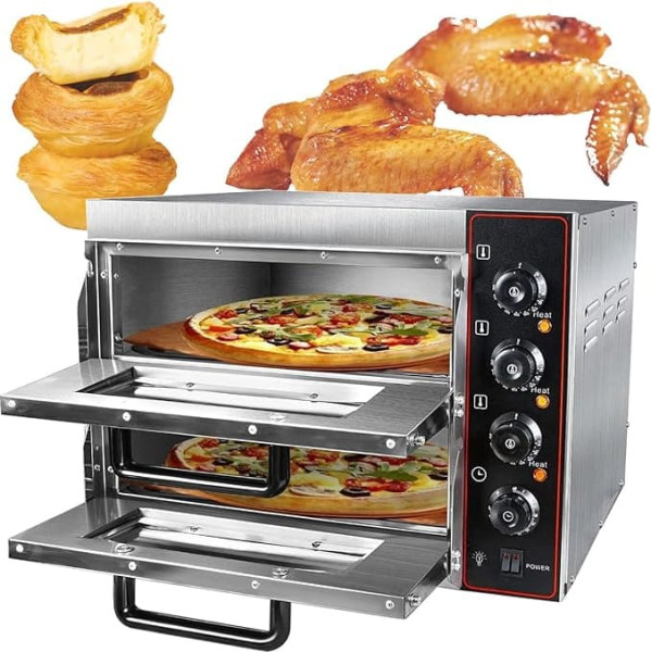 3 Kw Gewerblicher Pizzaofen, 40 Cm Doppeldecker, Pizzabackmaschine FüR Den Innenbereich, Elektro-Backofen Aus Edelstahl, Mit Griff Und Grill 50–350 °C, Timer 10–60 Min.