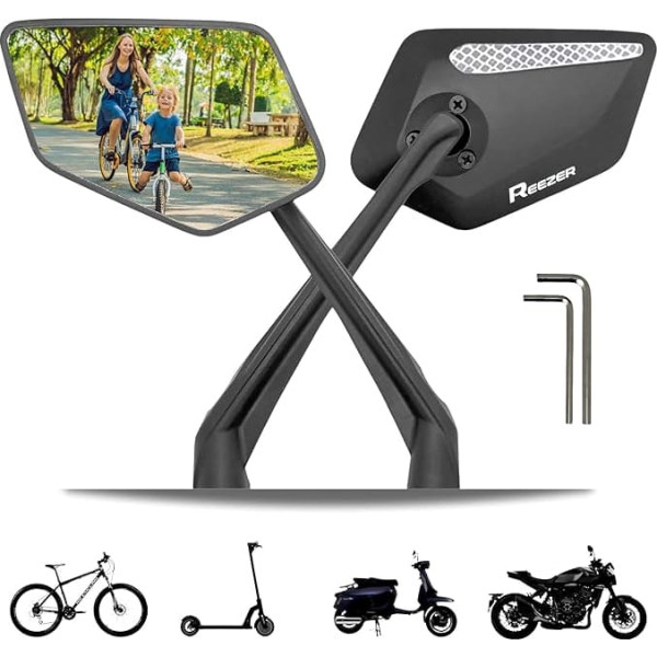 REEZER Bicycle Mirror (Right and Left) with Extra Large Mirror Surface - 360° Adjustable Bicycle Mirror for E-Bike & E-Scooter Handlebars - Rear View Mirror Compatible with All Models - Pair