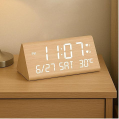 Digital Wooden Alarm Clock with 2 Alarms/Date/Weekday/Temperature Display, Adjustable Brightness & Volume, with Power Connection and 2 USB Charging Ports for Home and Office