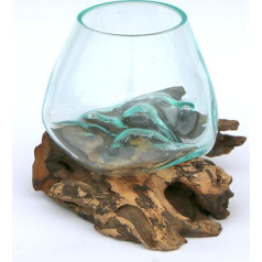 Handmade Decorative Glass Vase - Diameter 10 cm, Unique Glass Vase on Root Wood & Teak Wood - Mouth-Blown - Decorative Wood & Natural Product for Table Decoration, Living Room, Balcony &