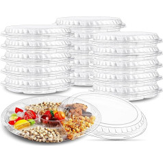 Pack of 15 Serving Plates with Lid, 31 cm Appetizer Tray with 6 Compartments, Reusable Divided Plates, Round Serving Tray for Buffet Party Catering, Transparent