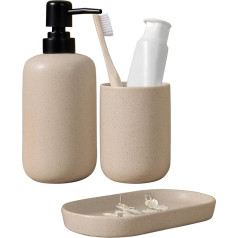 Bathroom Accessory Set Made of Ceramic, 3-Piece Beige Bathroom Set with Soap Dispenser, Toothbrush Cup and Storage Tray, Modern and Practical for Bathroom and Sink