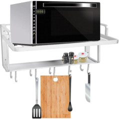Microwave Holder Wall Mounted 2 Tier Aluminum Microwave Oven Rack Microwave Oven Wall Shelf Storage with 10 Hooks for Kitchen, 55 x 38.5 x 25 cm