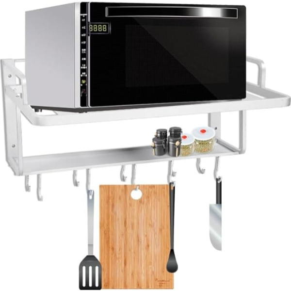Microwave Holder Wall Mounted 2 Tier Aluminum Microwave Oven Rack Microwave Oven Wall Shelf Storage with 10 Hooks for Kitchen, 55 x 38.5 x 25 cm