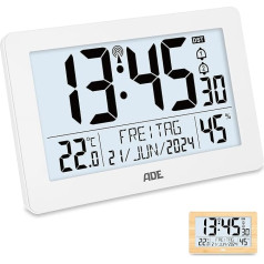 ADE Digital XL Radio-Controlled Clock with Very Large Numbers, Table Clock with 2 Alarm Times and Lighting, Thermometer & Hygrometer, Battery Operated, Clock for Standing, Narrow White Frame