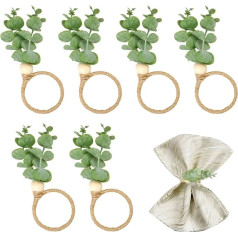 Napkin Rings, 6 Pack Napkin Holder, Green Leaves Eucalyptus Napkins, Ring Holder with Wooden Beads, Rustic Farmhouse Boho Napkin Holder for Weddings, Parties, Banquet, Table Decoration