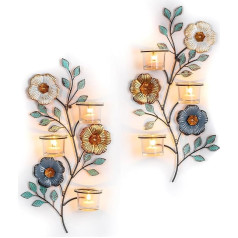 Sziqiqi Candle Holder Wall Decoration Living Room: Wall Candle Holder Metal with 6 Tea Lights Glass - Colourful Flower and Leaf Candle Holder Wall as Wall Decoration for Hallway Bathroom Bedroom