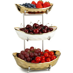 Fruit Bowl for Kitchen Counter, 3-Tier Ceramic Serving Bowls with Metal Stand, Tiered Fruit Basket for Fruit Vegetables, Snacks, Bread, Candy, Nuts, Cake, Dessert (Gold)