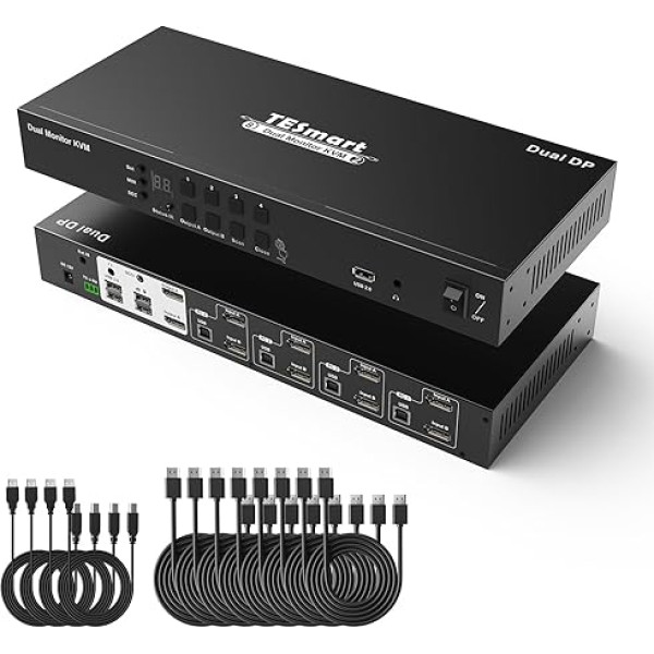 TESmart DP KVM Switch 4 PC 2 Monitor DKS402Elite 4K@60Hz DisplayPort KVM Switch with EDID Emulator, DCCI, L/R Audio Output for 4 PC that Share 2 Monitors, Hotkey Switch with Input Cable