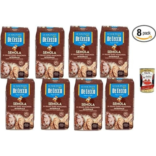 De Cecco Whole Grain Durum Wheat Semola, Double Ground Semolina for Bread & Pasta, Italian Mill Since 1831, 8 x 1 kg Storage Pack + Italian Gourmet Polpa