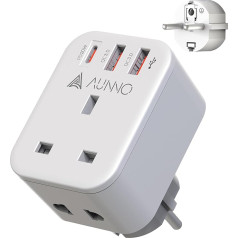AUNNO UK to European Plug Adapter, PD 20W Fast Charging Grounded European Adapter with Shaver Plug, Adapter with 2 USB Ports and 1 USB-C Port for Germany France Spain Greece Polen etc (Type E/F)