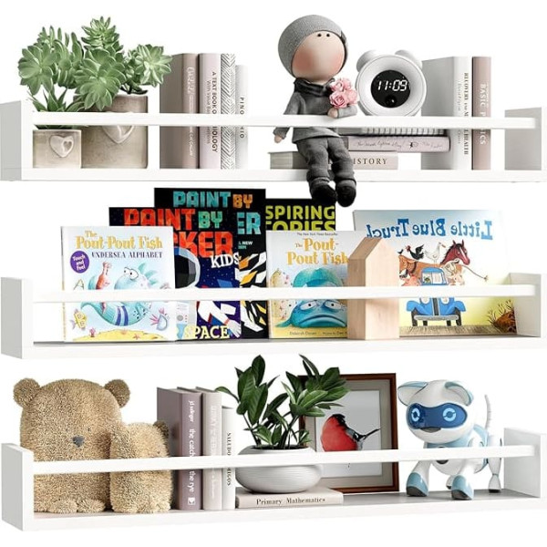 Fixwal Bookshelves for Kids Room, 60 cm Floating Bookcase for Wall, Set of 3, Nursery Decoration, Solid Wood, Wall Shelves for Books, Toys and Decoration (White)